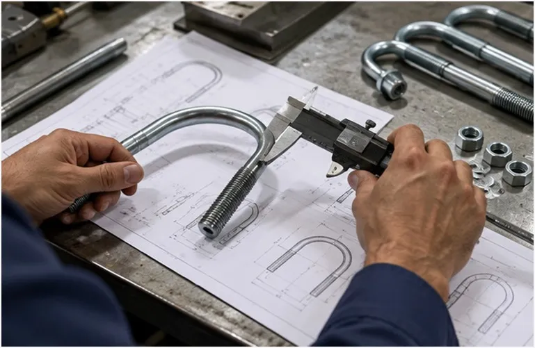 Industrial technician measuring U bolt diameter and internal width with caliper over engineering drawing